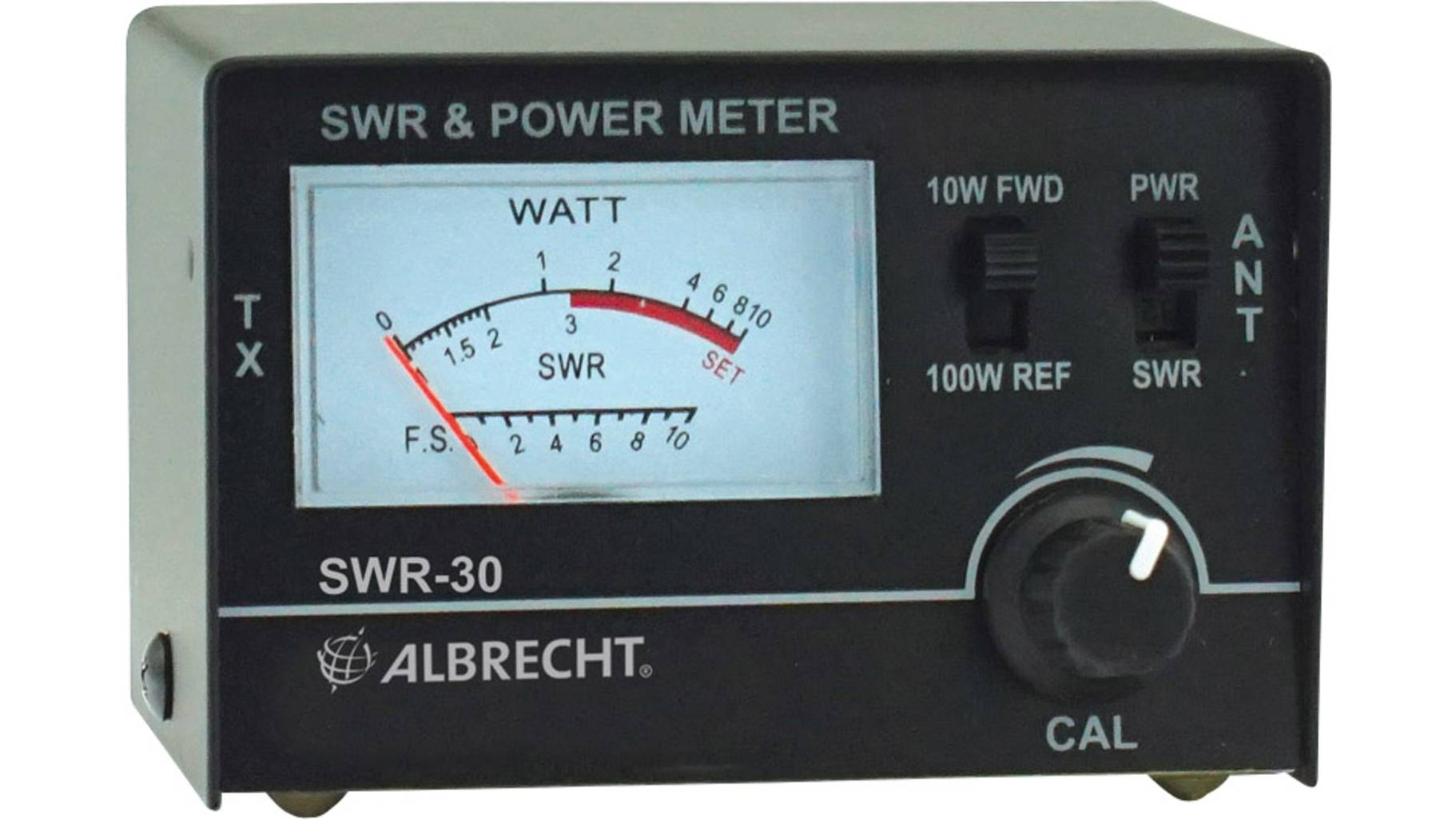 1) Kurzbeschreibung: SWR- und Leistungsmessgerät „SWR-30“ von Albrecht in schwarzem Gehäuse mit analogem Zeigerinstrument und mehreren Bedienelementen an der Frontseite.
<ol start=