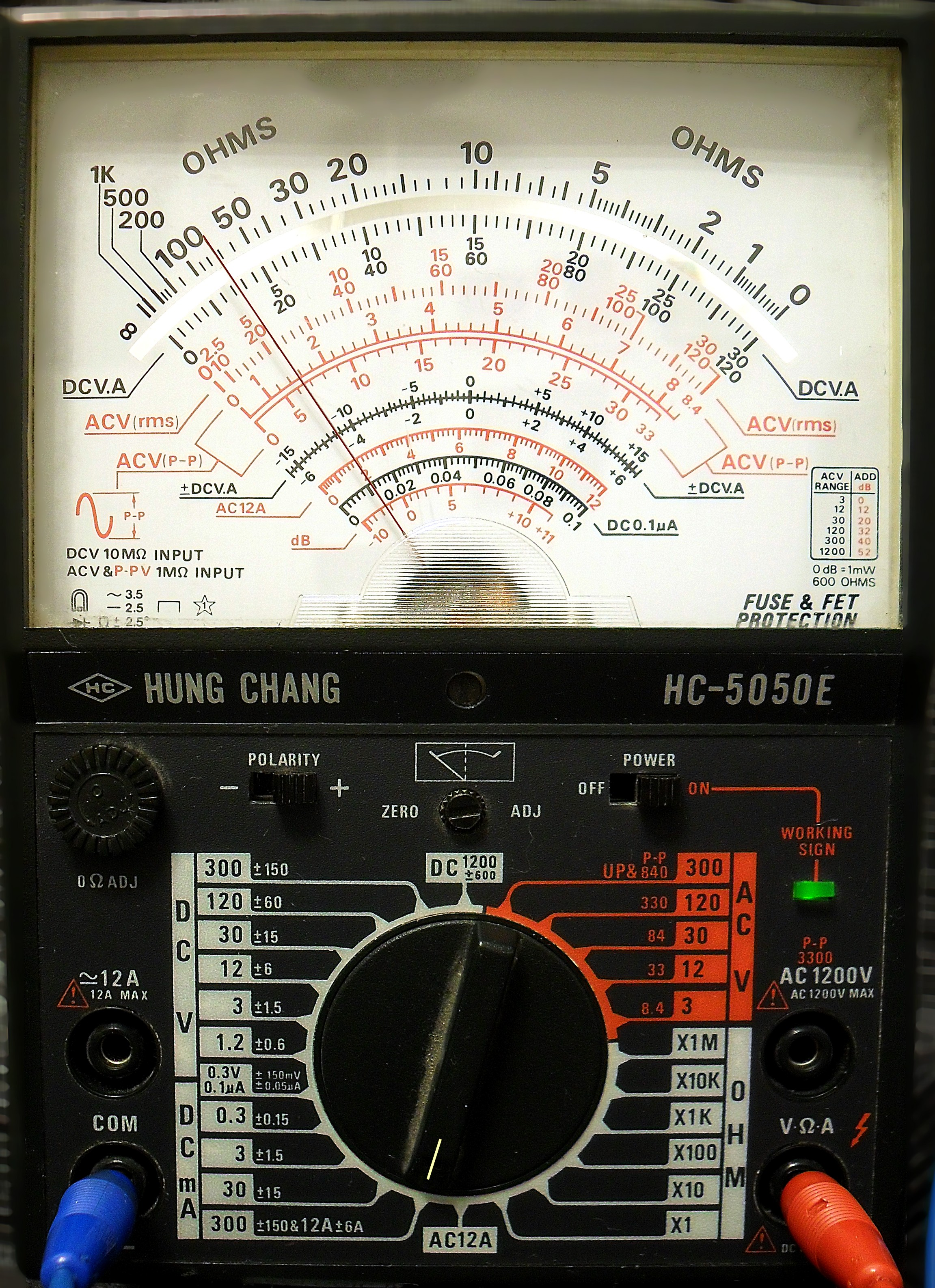 Dieser Alt-Text wurde noch nicht überprüft.
<ol>
<li>
<p>Zusammenfassung: Nahaufnahme eines analogen Multimeters mit großer Zeigerskala, zentralem Drehschalter und eingesteckten Messleitungen.</p>
</li>
<li>
<p>Detaillierte Beschreibung: Das Bild zeigt die Front eines Messgeräts „HUNG CHANG HC-5050E“. Oben dominiert eine große, halbkreisförmige Skala mit mehreren übereinanderliegenden Teilungen; außen sind „OHMS“-Markierungen, darunter rote und schwarze Skalen für DCV.A, ACV (rms), ACV (P‑P), dB und weitere Bereiche zu sehen. Ein Spiegelstreifen unter der Skala dient zur Parallaxekorrektur; der Zeiger ist sichtbar. Darunter befinden sich Bedienfelder mit Aufdrucken und Schaltern: links ein geriffelter „0Ω ADJ“-Knopf und ein kleiner Schiebeschalter „POLARITY“, mittig ein „ZERO/ADJ“-Regler, rechts ein Kippschalter „POWER“ auf „ON“ sowie eine leuchtende grüne Kontroll-LED mit der Beschriftung „WORKING SIGN“. Im unteren Bereich sitzt ein großer, schwarzer Drehwahlschalter, umgeben von weißen und orangenen Bereichsangaben für Gleich- und Wechselspannung, Gleichstrom und Widerstand (z. B. 300, 120, 30, 12, 3 sowie X1, X10, X100, X1K, X10K, X100K). Links unten sind zwei Buchsen mit Beschriftung „12A“ und „COM“, rechts unten eine Buchse „V·Ω·A“; in „COM“ steckt ein blaues Kabel, in „V·Ω·A“ ein rotes Kabel. Zahlreiche Skalen- und Bereichsangaben sind fein bedruckt; das Gehäuse ist dunkel und zeigt leichte Gebrauchsspuren."></p>
 <figcaption>Abbildung NE-6.10.1: Zeigerinstrument mit mehreren Skalen</figcaption>
</li>
</ol>
</figure>
</div>
</section>
<section><div class=