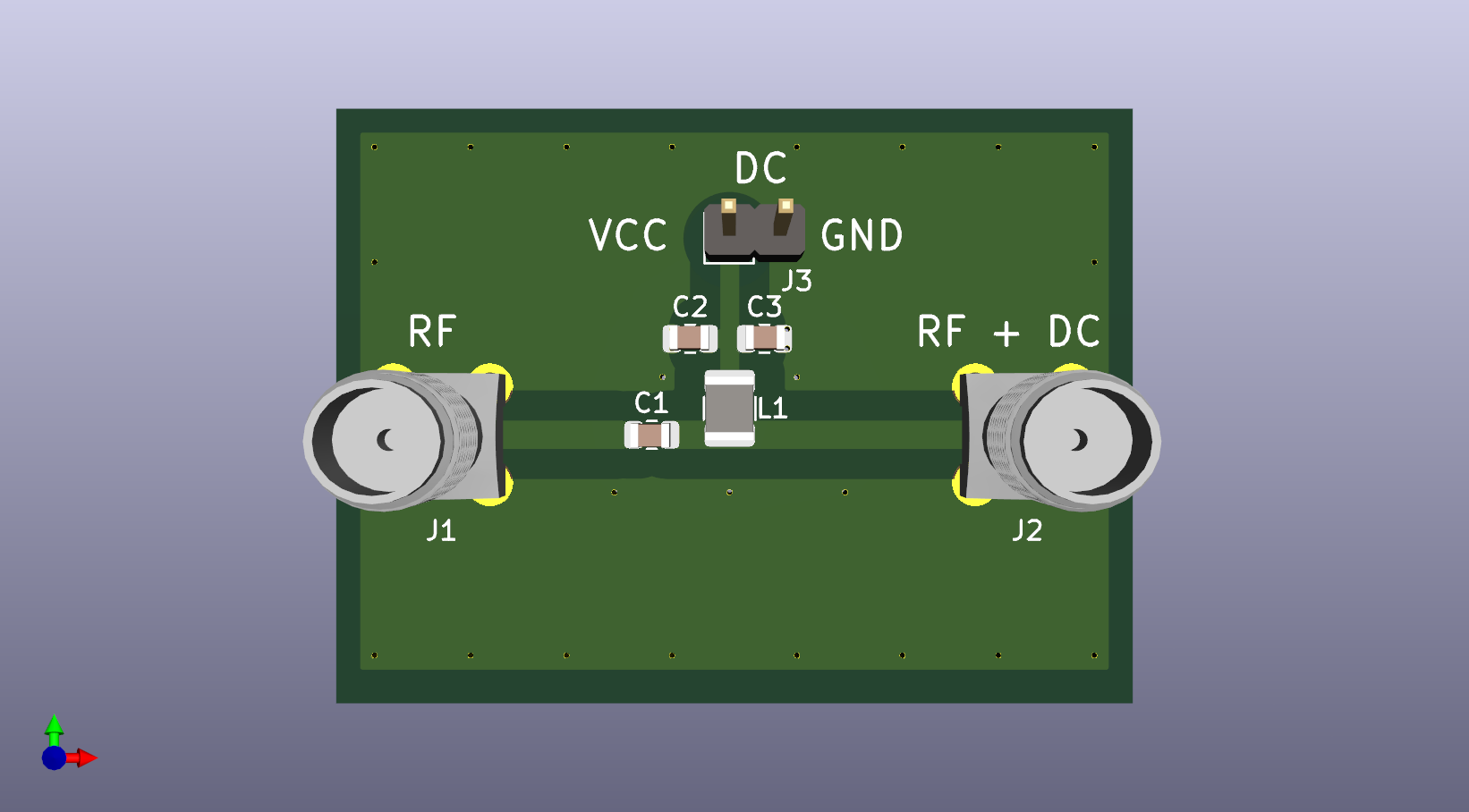 Dieser Alt-Text wurde noch nicht überprüft.
<p>Kurzbeschreibung: Obenansicht eines 3D-Renderings einer grünen Leiterplatte mit zwei runden Koaxialanschlüssen links (J1, „RF“) und rechts (J2, „RF + DC“), einer breiten Leiterbahn dazwischen sowie mehreren beschrifteten SMD-Bauteilen und einer zweipoligen DC-Stiftleiste.</p>
<p>Detailbeschreibung: Rechteckige, dunkelgrüne Leiterplatte mit gelblichen Lötaugen und mehreren kleinen Befestigungsbohrungen nahe den Rändern. Links und rechts sitzt jeweils ein silberner, runder Flansch‑Koaxanschluss; unter ihnen sind „J1“ (links) mit der Aufschrift „RF“ und „J2“ (rechts) mit der Aufschrift „RF + DC“ aufgedruckt. Zwischen den Anschlüssen verläuft mittig eine breite horizontale Leiterbahn. Auf und über dieser Leiterbahn sind SMD-Bauteile platziert und beschriftet: nahe der linken Hälfte „C1“, in der Mitte ein weißes, quaderförmiges Bauteil „L1“, darüber zwei kleine SMDs „C2“ und „C3“. Oberhalb davon befindet sich ein zweipoliger Stiftleistenanschluss „J3“ mit aufgestecktem Jumper; darüber steht „DC“, links davon „VCC“ und rechts „GND“. Der Hintergrund zeigt einen hellen Farbverlauf, unten links ist eine kleine 3D-Achsenanzeige mit roten, grünen und blauen Pfeilen zu sehen.">
<figcaption>Abbildung NEA-10.16.3: BIAS - T Platine - mit KiCAD erstellt</figcaption></p>
</figure>
So könnte die praktische Umsetzung des abgebildeten Schaltbildes in eine Platine aussehen. $C_2$ und $C_3$ sind Abblockkondensatoren für unterschiedliche Frequenzbereiche, damit die Funktion über einen großen Frequenzbereich gewährleistet ist. $L_1$ dient zur Zuführung der Gleichspannung und muss für den Laststrom gezielt dimensioniert werden. Der Abblockkondensator $C_2$ auf der Gleichspannungseite soll HF-Spannung unterdrücken. Er muss so gewählt werden, dass er bei der HF-Nutzfrequenz einen Blindwiderstand kleiner 1 Ohm darstellt.
</aside>
Die Spule zwischen DC-Seite (Gleichspannungsseite z.B. $12&nbsp;V$) und der HF-Seite (z.B. $10&nbsp;GHz$ Empfangssignal) soll  Hochfrequenzanteile nicht zur DC-Seite durchlassen. Es handelt sich deshalb um eine Drosselspule, die bei der Nutzfrequenz hochohmig wirken muss (z.B. $X_L = 10&nbsp;kΩ$). Durch diese Drosselspule fließt der Versorgungstrom für den Vorverstärker oder Konverter (LNA). Der Drahtdurchmesser der Drosselspule muss so groß sein, dass der Versorgungsgleichstrom keine Erwärmung der Drosselspule bewirkt. Anders ausgedrückt: Die Spule muss eine entsprechende Strombelastbarkeit aufweisen. 
<section class=