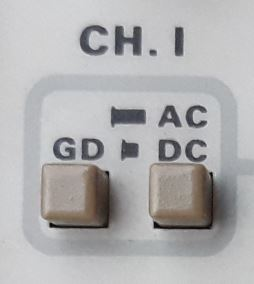 Dieser Alt-Text wurde noch nicht überprüft.
<ol>
<li>
<p>Zusammenfassung: Ausschnitt eines hellgrauen Geräte-Bedienfelds mit der Aufschrift „CH. I“, zwei quadratischen Tasten und den Beschriftungen „GD“, „AC“ und „DC“.</p>
</li>
<li>
<p>Detaillierte Beschreibung: Oben steht in dunkler Schrift „CH. I“. Darunter befindet sich ein hellgrau umrandeter Kasten mit abgerundeten Ecken. Im unteren Bereich des Kastens sind zwei beige, quadratische Drucktasten nebeneinander angeordnet. Über der linken Taste steht „GD“, daneben ein kleines schwarzes Balkensymbol. Über der rechten Taste steht links neben „AC“ ein kleines schwarzes Balkensymbol; darunter, rechtsbündig, „DC“. Hintergrund und Rahmen sind hellgrau, Schrift und Symbole dunkelgrau; sonst keine weiteren Elemente sichtbar."></p>
 <figcaption>Abbildung A-5.8.1: AC - DC Kopplung des Oszilloskopeingangs</figcaption>
</li>
</ol>
</figure>
Mit der Taste 
