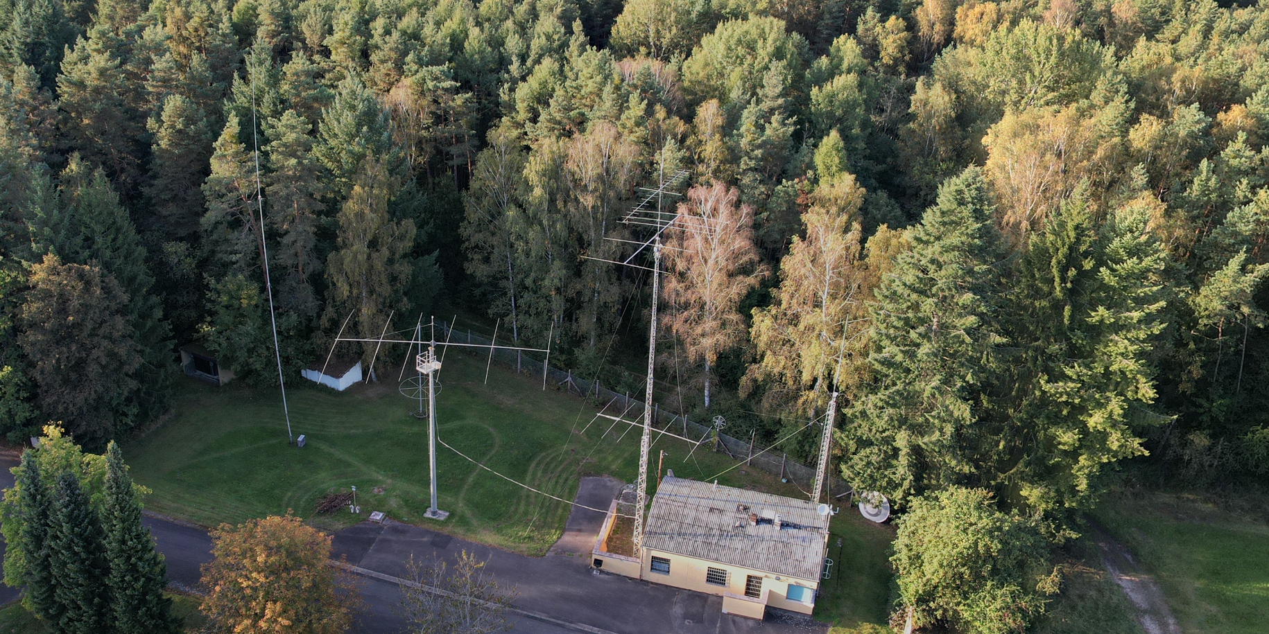 1) Kurzbeschreibung: Luftaufnahme eines Gebäudes am Waldrand mit mehreren hohen Antennenmasten und großflächigen Richtantennen auf einer Wiese.
<ol start=