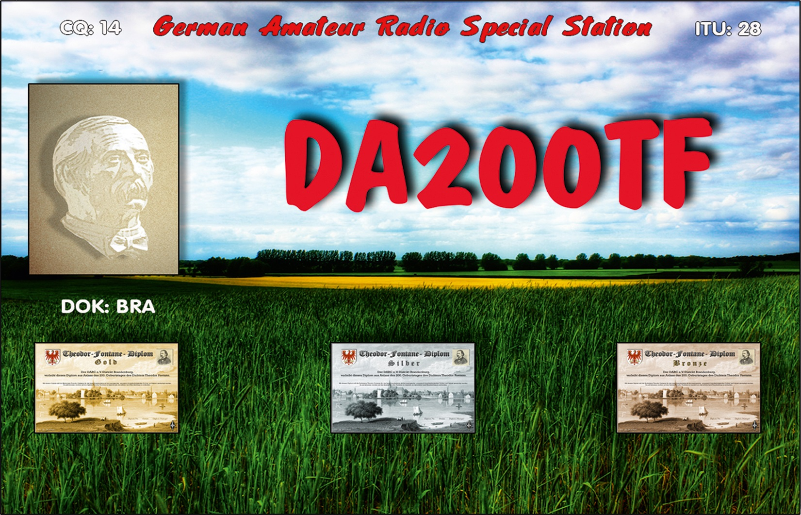 1) Kurzbeschreibung: QSL-Karte der Klubstation mit dem Sonderrufzeichen DA200TF anlässlich des 200. Geburtstags des Dichters Theodor Fontane. 
<ol start=