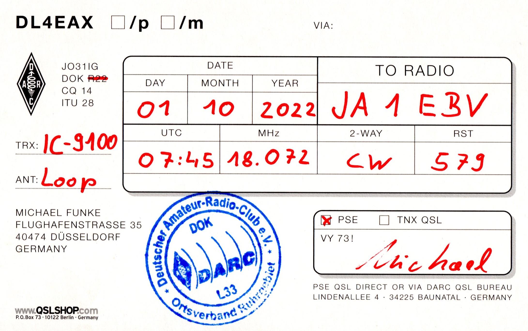 1) Kurzbeschreibung: Rückseite der QSL-Karte von DL4EAX mit handschriftlich ausgefüllten QSO-Daten, adressiert an JA1EBV; blauer OV-Stempel, u. a. mit der DOK-Angabe „L33“.
<ol start=
