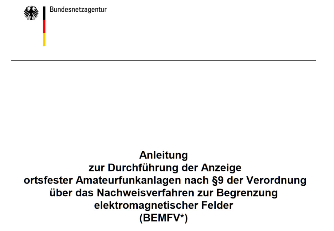 1) Kurzbeschreibung: Ausschnitt aus einem deutschsprachigen Dokument mit der Überschrift „Anleitung zur Durchführung der Anzeige ortsfester Amateurfunkanlagen nach §9 der Verordnung über das Nachweisverfahren zur Begrenzung elektromagnetischer Felder (BEMFV)“.
<ol start=