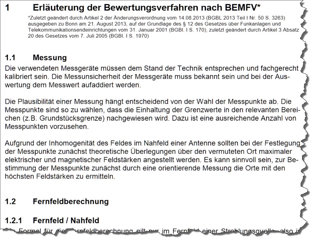 1) Kurzbeschreibung: Ausschnitt aus einem deutschsprachigen Dokument mit der Überschrift „Erläuterung der Bewertungsverfahren nach BEMFV“ und den Abschnitten „1.1 Messung“ sowie „1.2 Fernfeldberechnung“.
<ol start=