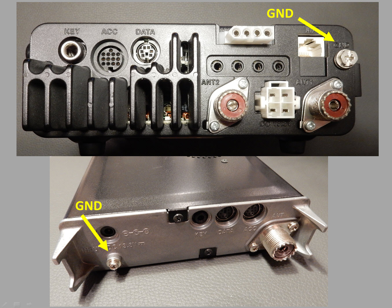 1) Kurzbeschreibung: Zwei Fotos mit den Rückseiten zweier Funkgeräte mit diversen Anschlüssen; gelbe Pfeile markieren jeweils eine als GND beschriftete Masse-Schraube.
<ol start=