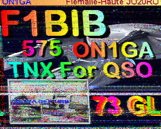 1) Kurzbeschreibung: SSTV-Bild von ON1GA an F6BIB mit Foto des Raumschiffs Orion im Hintergrund und regenbogenfarbenem Amateurtext; unten links ein weiteres, verrauschtes Bild.
<ol start=